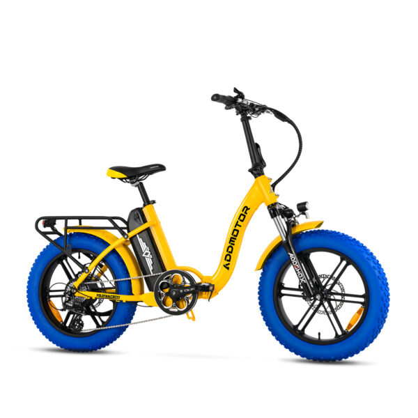 Addmotor Foldtan M-140 Yellow and Blue ebike facing right